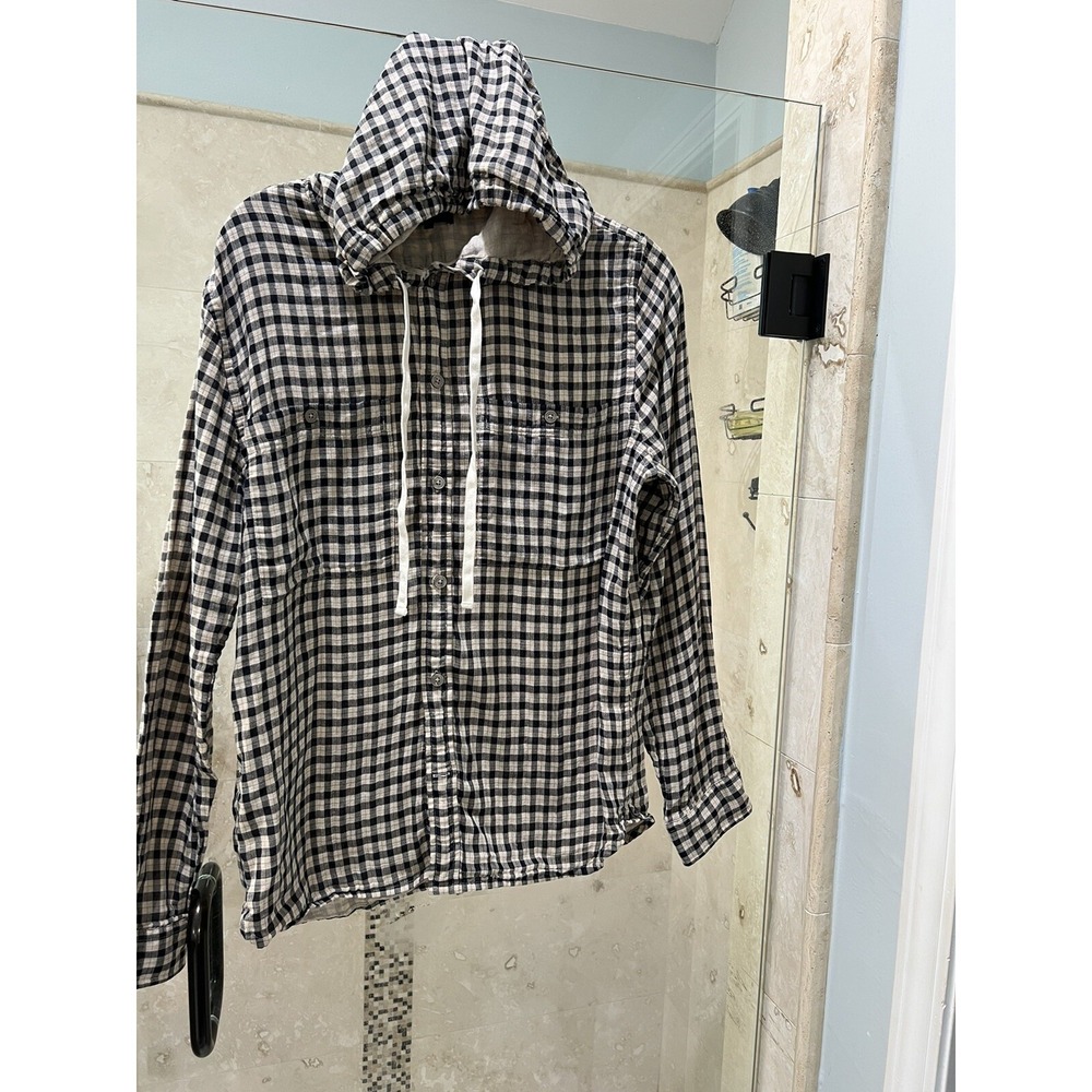 Vince Hooded Plaid Shirt Jacket Size L Navy Blue Tan Gauzy Cotton